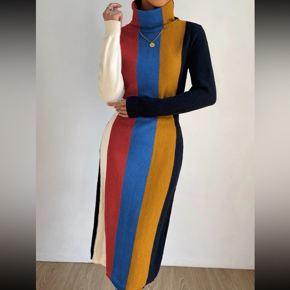 Cozy Color Block Stripe Turtleneck Sweater Dress - Picture 11 of 11